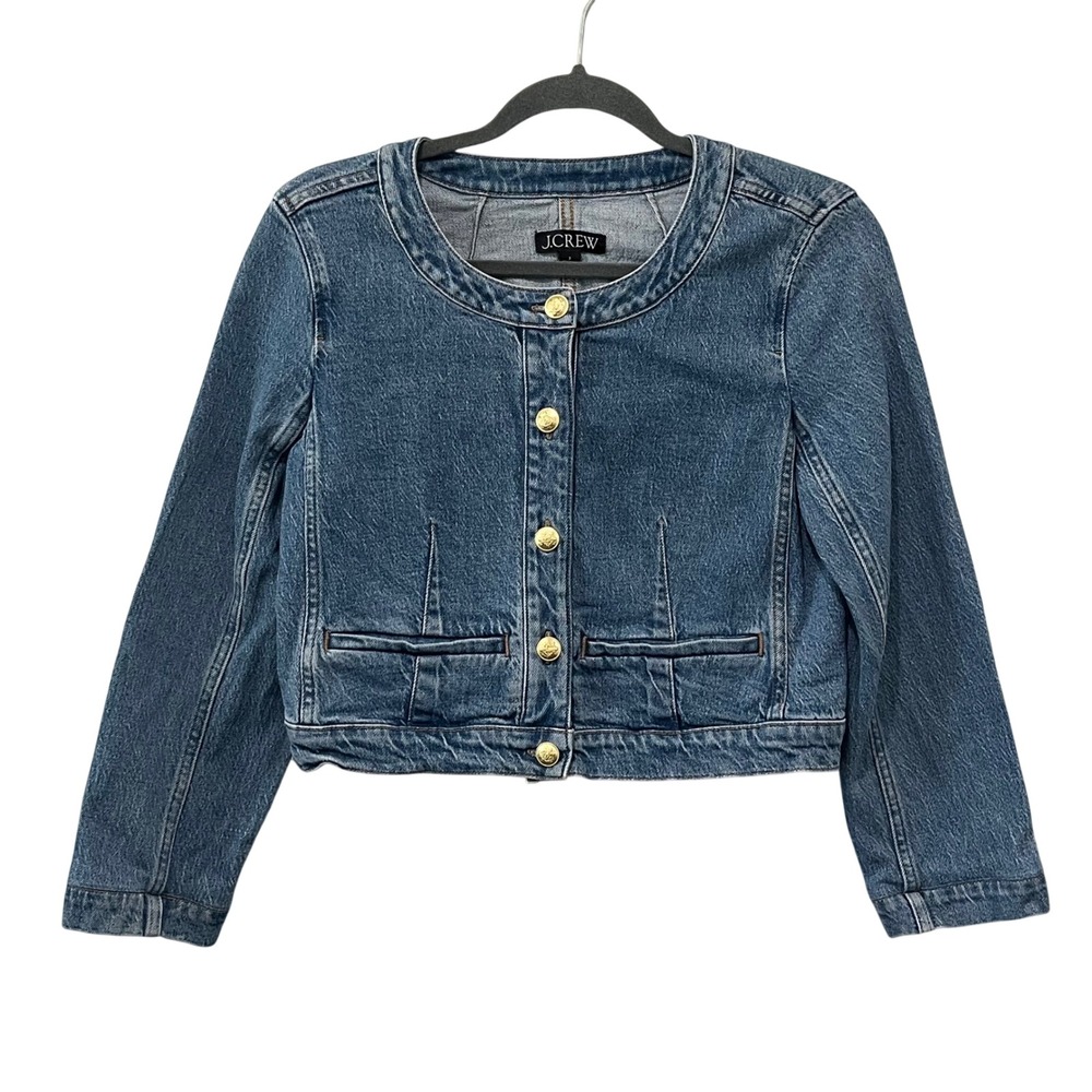 J.Crew Louisa Denim Lady Jacket‎ Womens 2 Blue Gold Crest Button Cropped Preppy